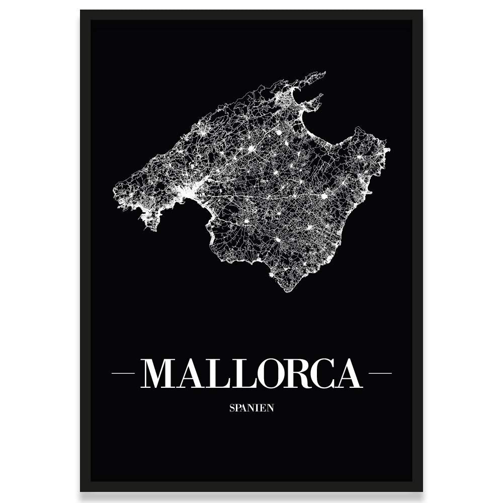 JUNIWORDS Stadtposter, Mallorca, Wähle eine Grösse, 40 x 60 cm, Poster mit Rahmen, Schrift A, Schwar