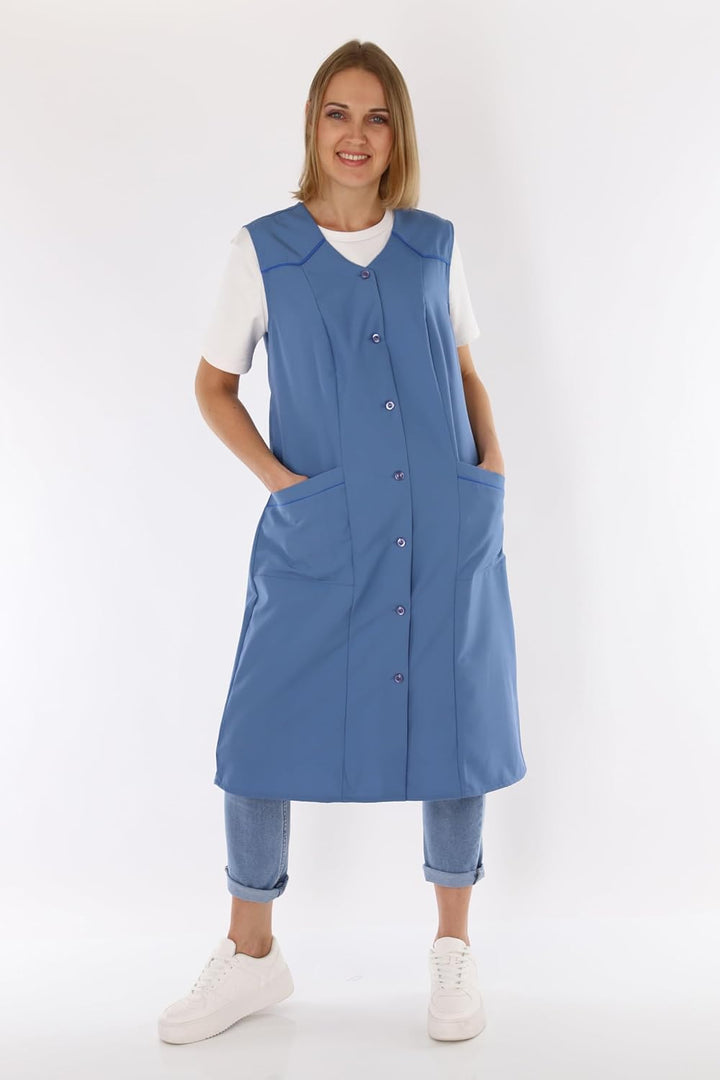 Damenkittel ohne Arm Kochschürze Kittel Schürze Knopfkittel einfarbig Hauskleid 44 Blau, 44 Blau