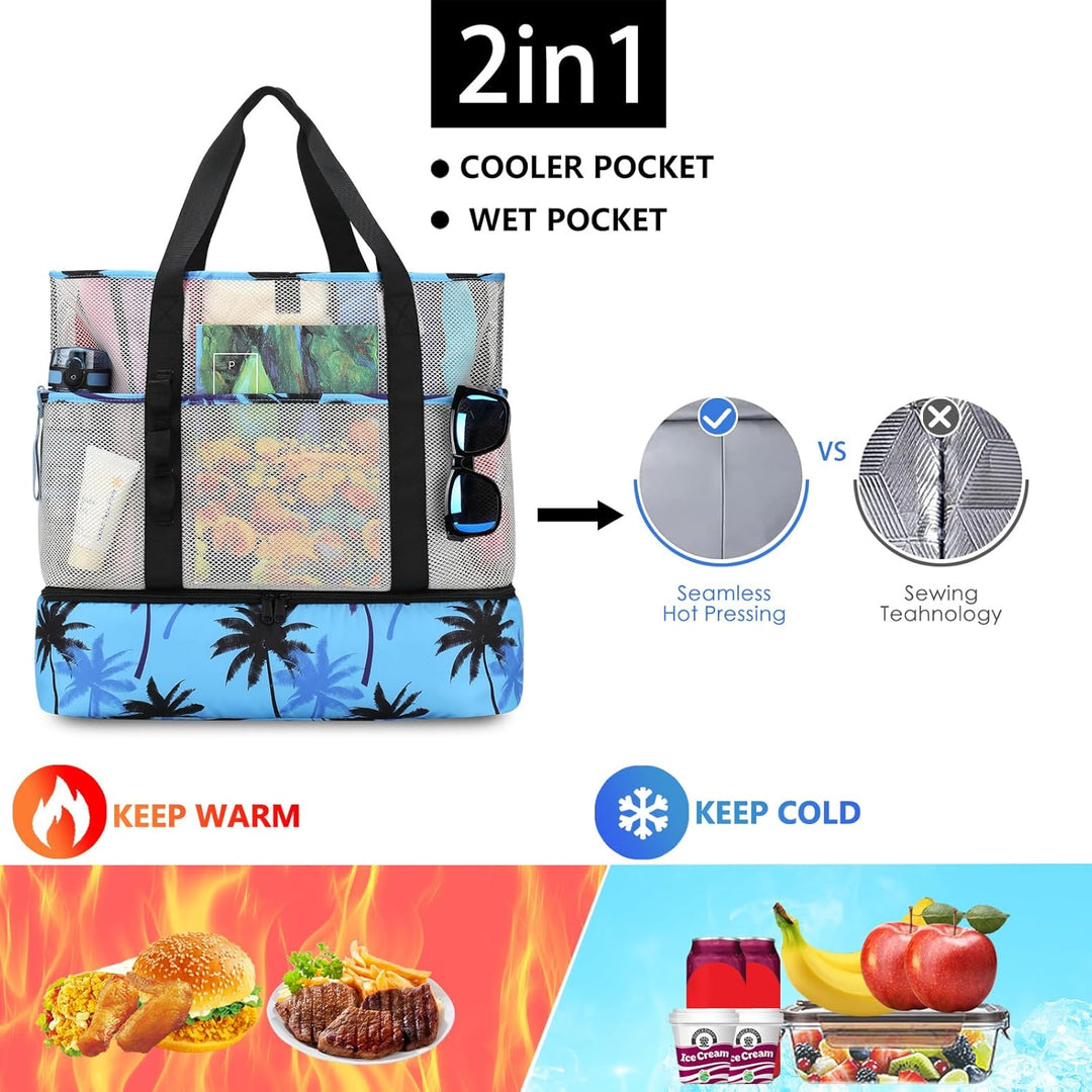 8 Taschen Tote Mesh Strandtasche Damen Gross Faltbare mit Wasserdichter Kühltasche für Spielzeugaufb