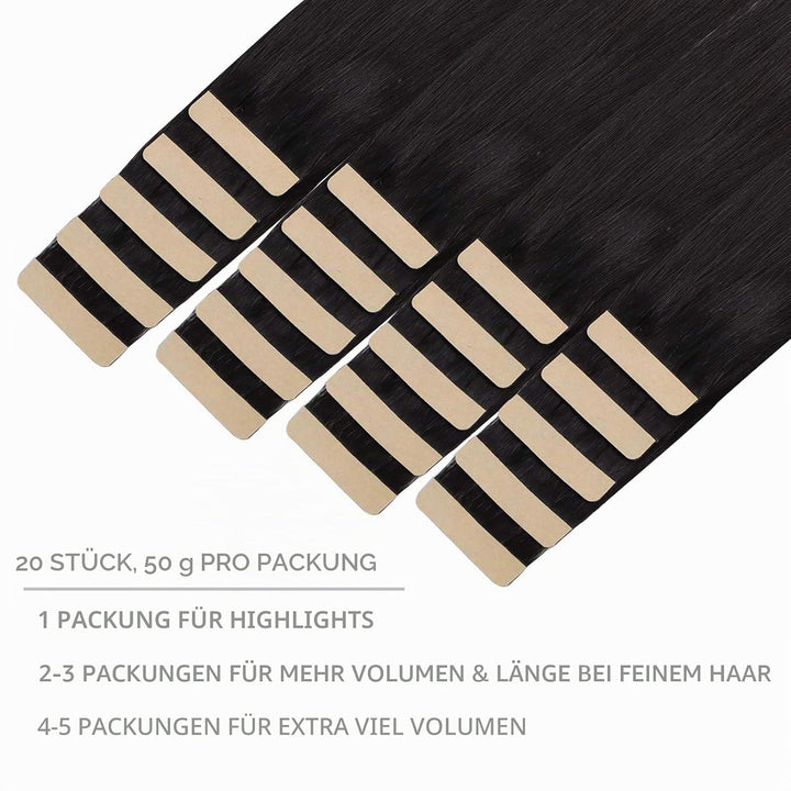 WENNALIFE Tape Extensions Echthaar, 20pcs 50g 60cm 24 Zoll Natürliches Schwarz Remy Invisible Tape E