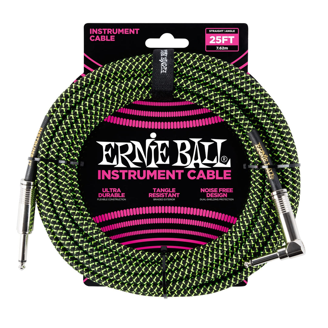 Ernie Ball Instrumentenkabel geflochten, gerade/gewinkelt, 7,62 m, Schwarz/Grün Neon-grün/schwarz 7,