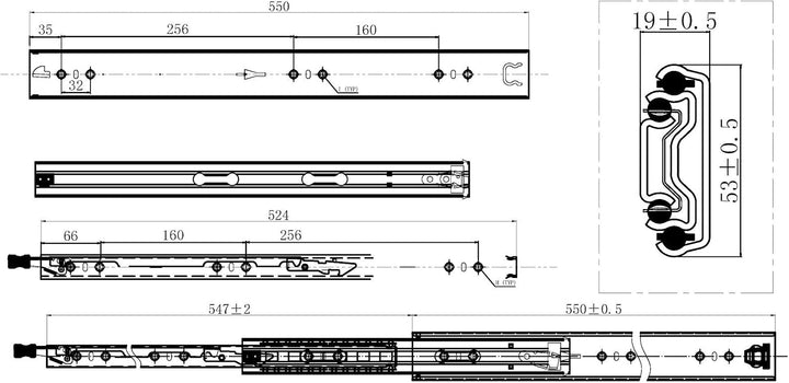 1 Paar Vadania Schwerlastauszüge 550 mm kugelgelagerte Führungsschiene mit einer Belastbarkeit von 1