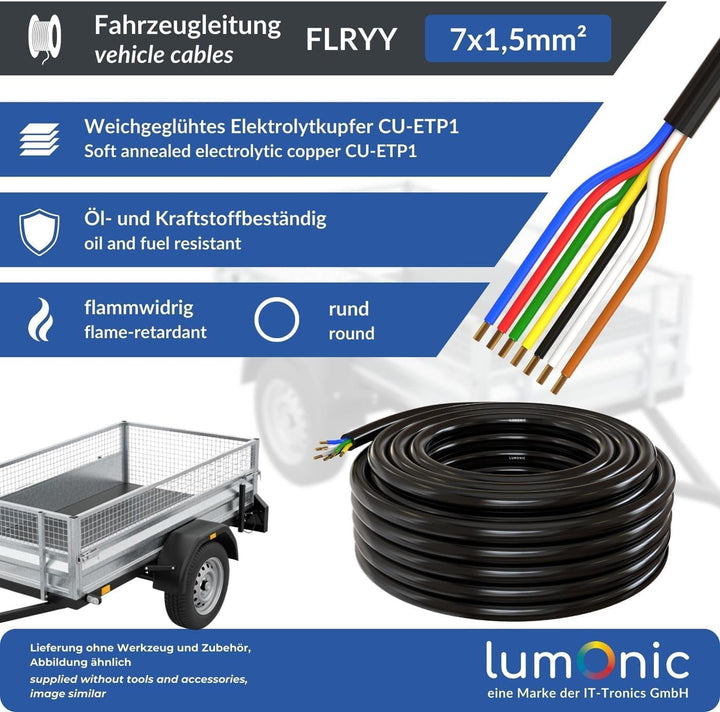 10m Lumonic 1m FLRYY Fahrzeugkabel 7 adrig I Fahrzeugleitung mit Kabelquerschnitt 7x 1,5mm² I Kabel