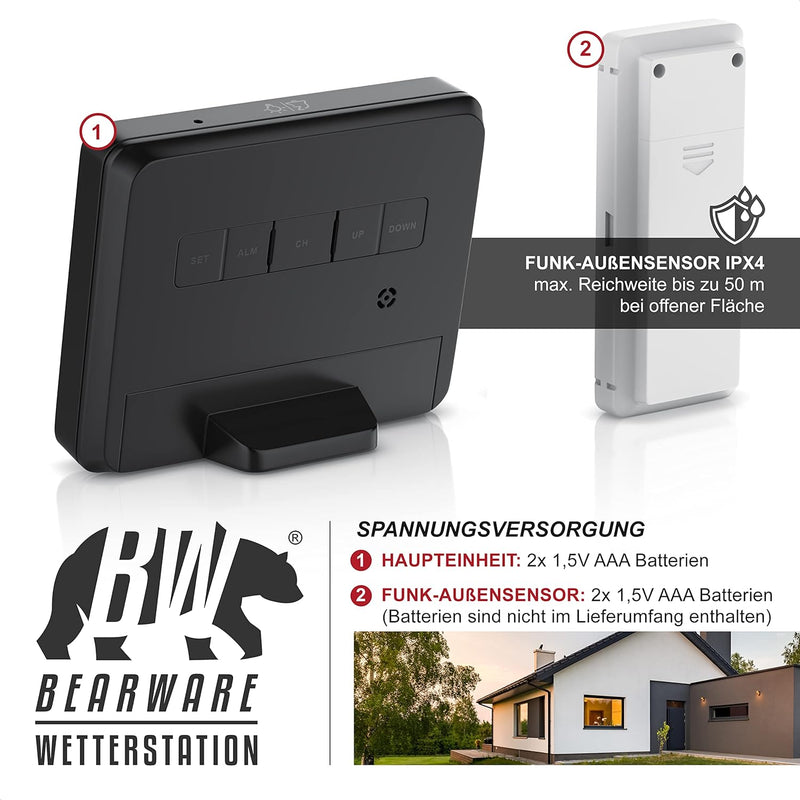 CSL - Funk Wetterstation mit Aussensensor - Funkuhr, sekundengenaue Uhrzeit durch DCF-Signal - LCD-D