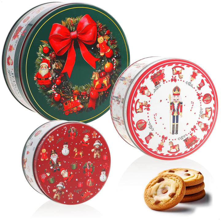 com-four® 3x Vorratsdosen aus Metall - ineinander stapelbare Keksdosen mit Adventskranz, Nussknacker