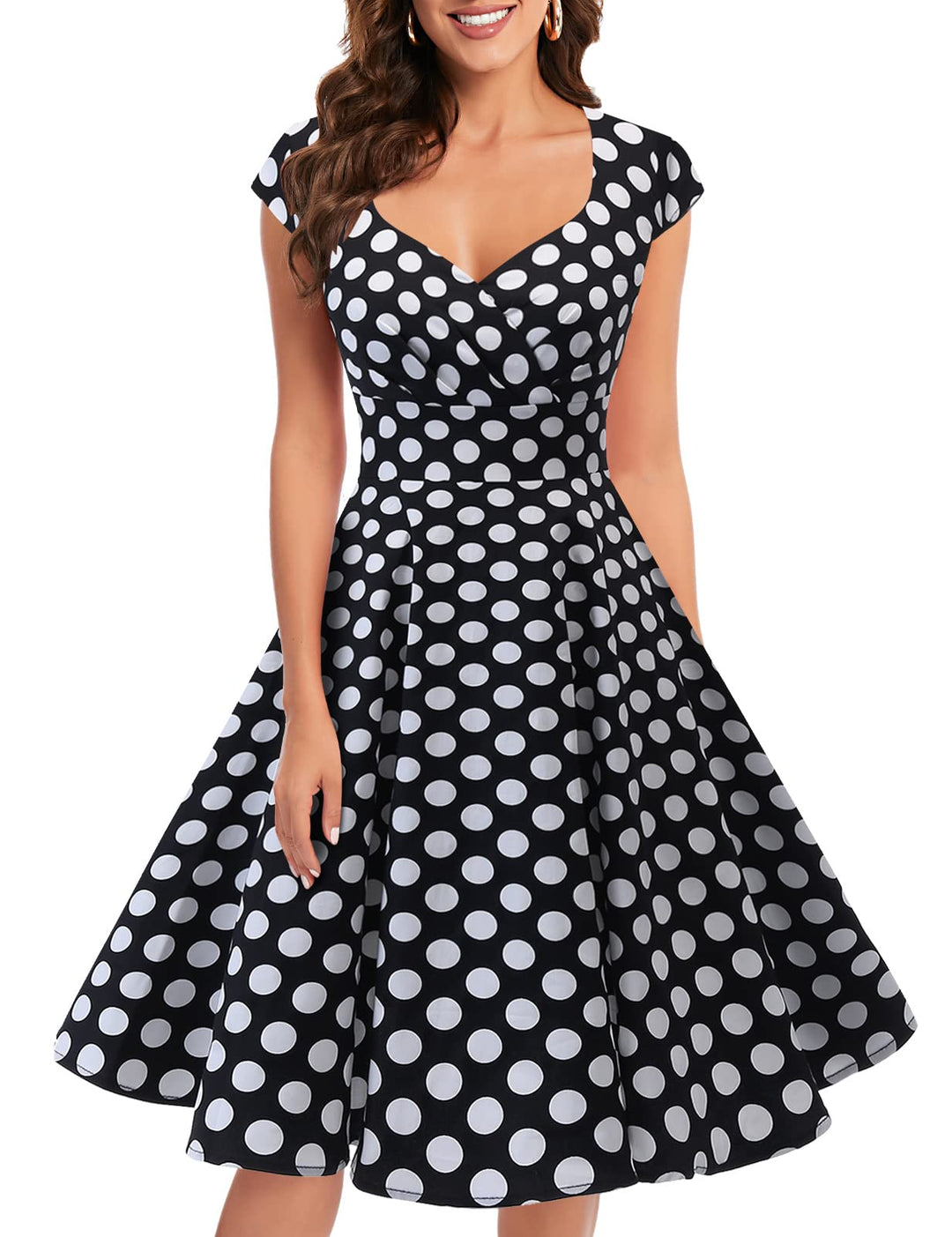 Bbonlinedress 1950er Vintage Retro Cocktailkleid Rockabilly V-Ausschnitt Faltenrock XS Black White B