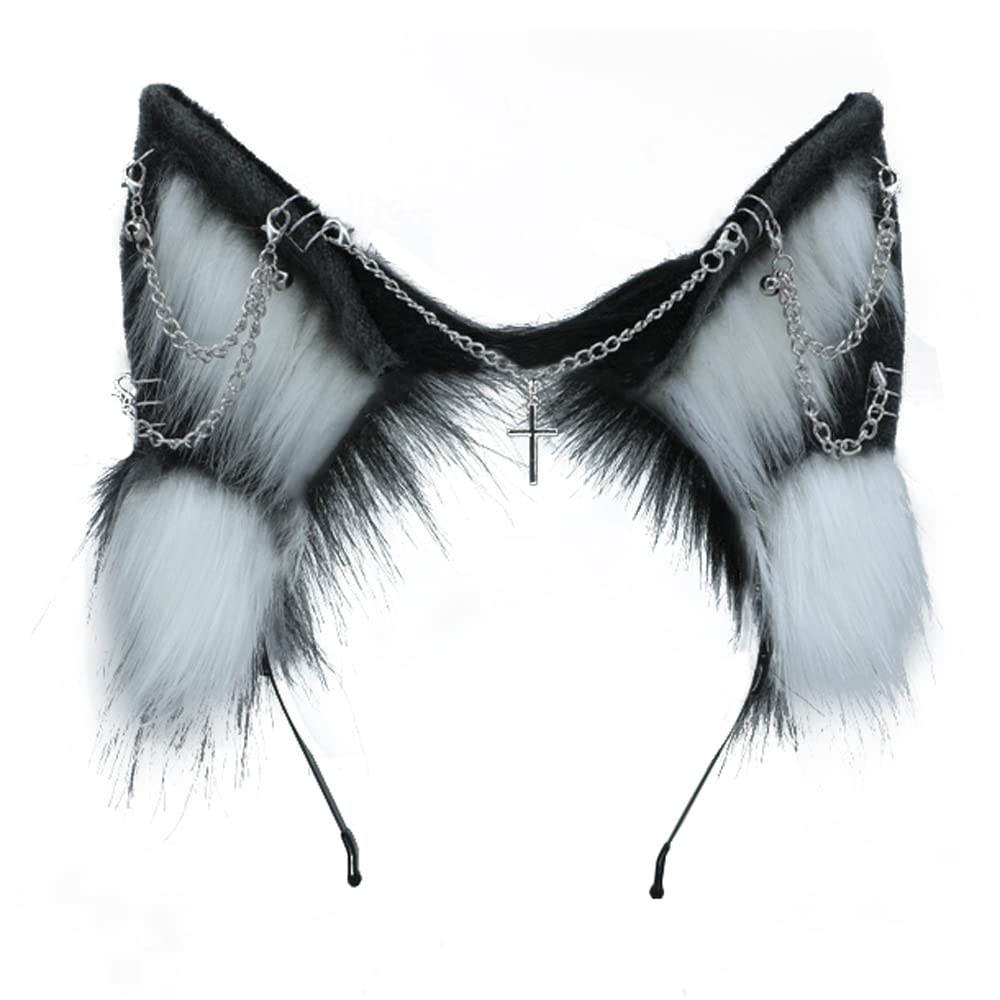 VIGVAN Handgemachte Wolf Fuchs Ohren Cosplay Kopf Zubehör Kawaii Haarband (Kette Schwarz Weiss), Ket