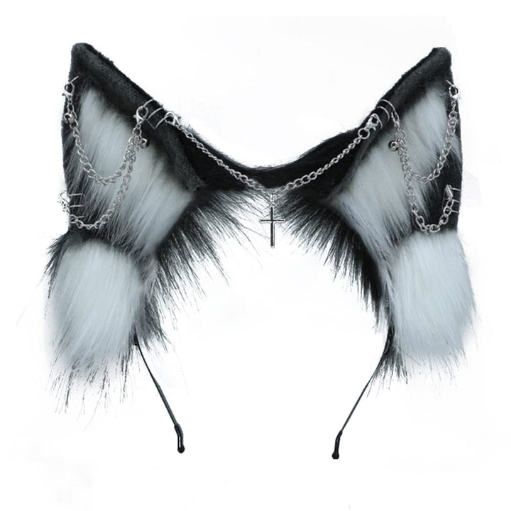 VIGVAN Handgemachte Wolf Fuchs Ohren Cosplay Kopf Zubehör Kawaii Haarband (Kette Schwarz Weiss), Ket