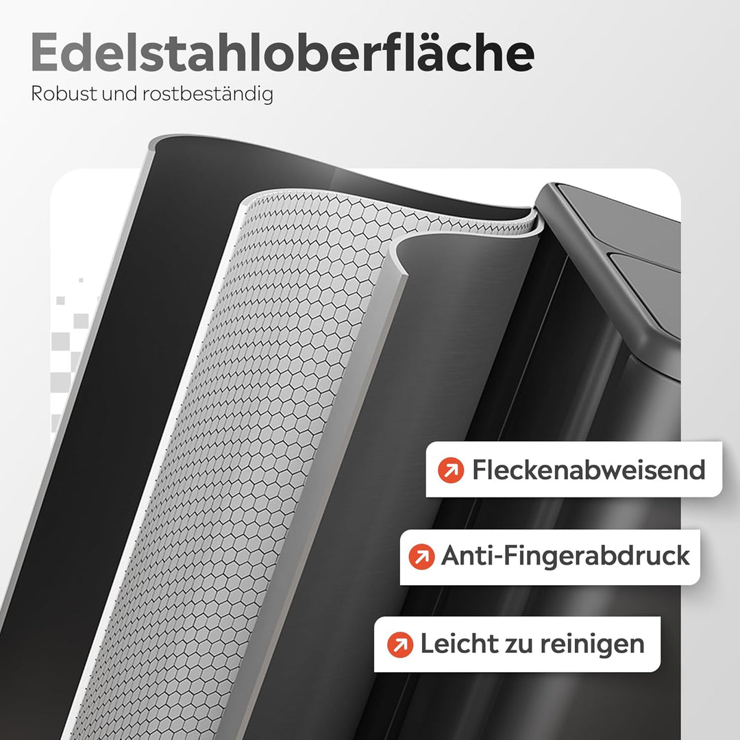 WLIVE Mülleimer 2 x 30L (60L Gesamtvolumen),Mülleimer Küche,Edelstahl Mülltrennsystem mit Mülleimer