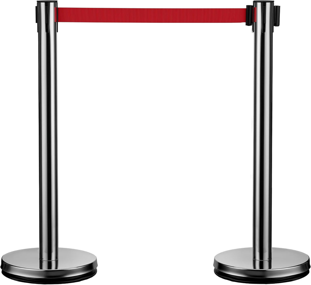 Wiltec mobile Absperrpfosten 32 x 7 x 90 cm in Silberfarben, rotes 200 cm Zugband, Absperrständer au