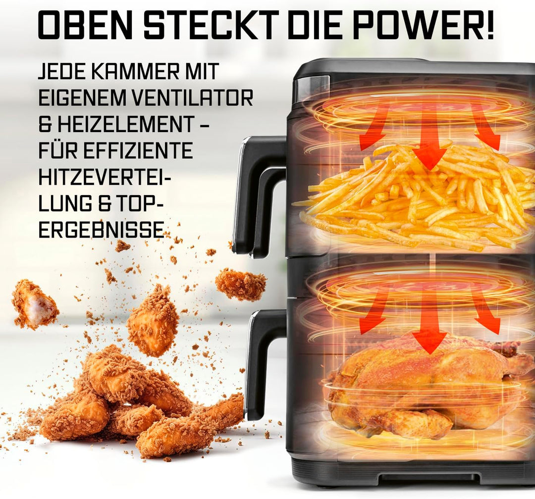 GOURMETmaxx FryUp3 Vertikale Heissluftfritteuse 3 Kammern | Airfryer XXL mit 3 Grillracks &amp; 3 Sichtf