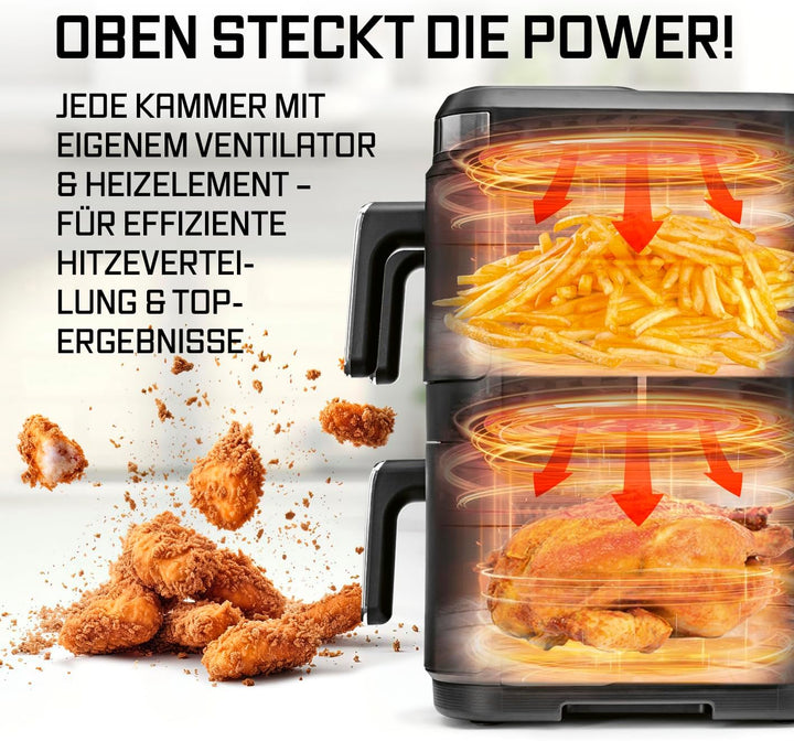 GOURMETmaxx FryUp3 Vertikale Heissluftfritteuse 3 Kammern | Airfryer XXL mit 3 Grillracks &amp; 3 Sichtf