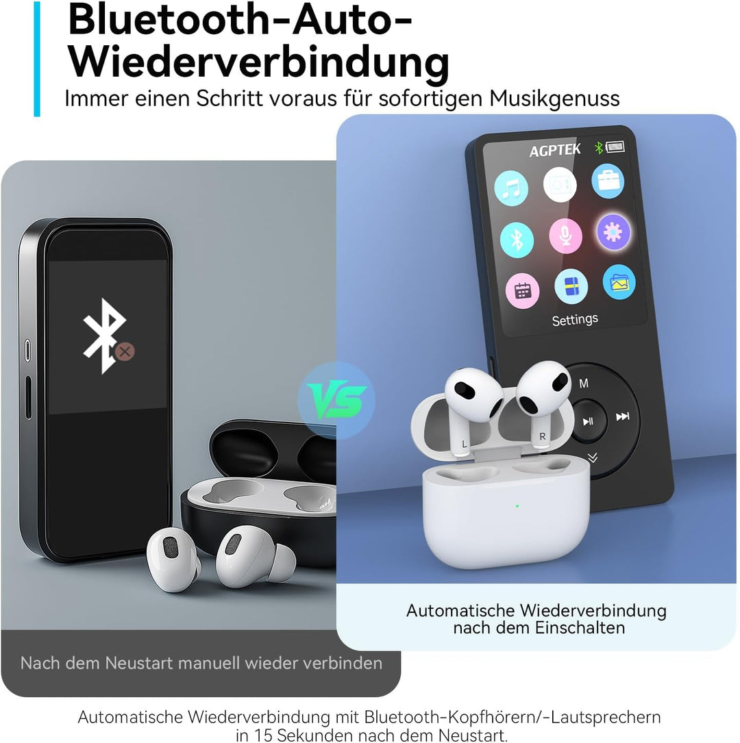 AGPTEK MP3 Player 32GB Bluetooth 5.0, 1.8 Zoll 70 Stunden Wiedergabezeit Digital Kinder MP3 Player m
