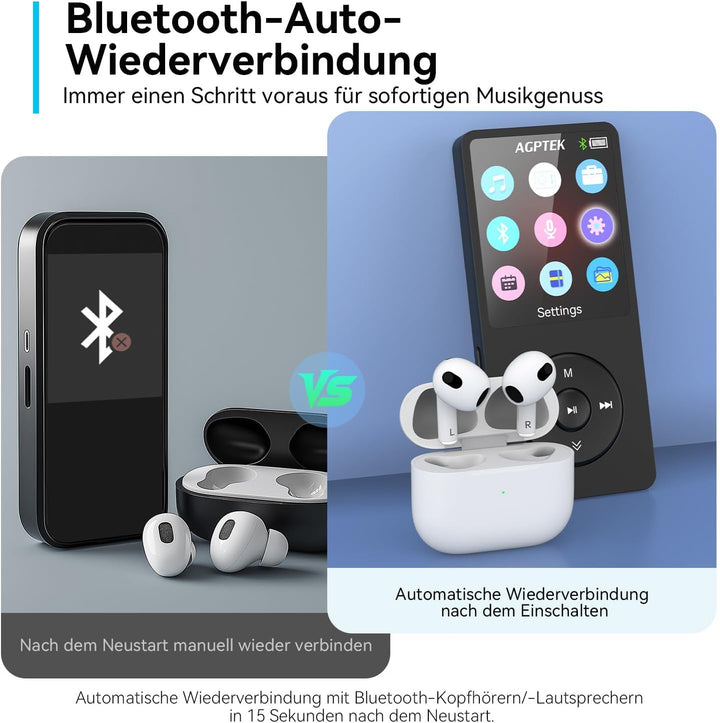 AGPTEK MP3 Player 32GB Bluetooth 5.0, 1.8 Zoll 70 Stunden Wiedergabezeit Digital Kinder MP3 Player m