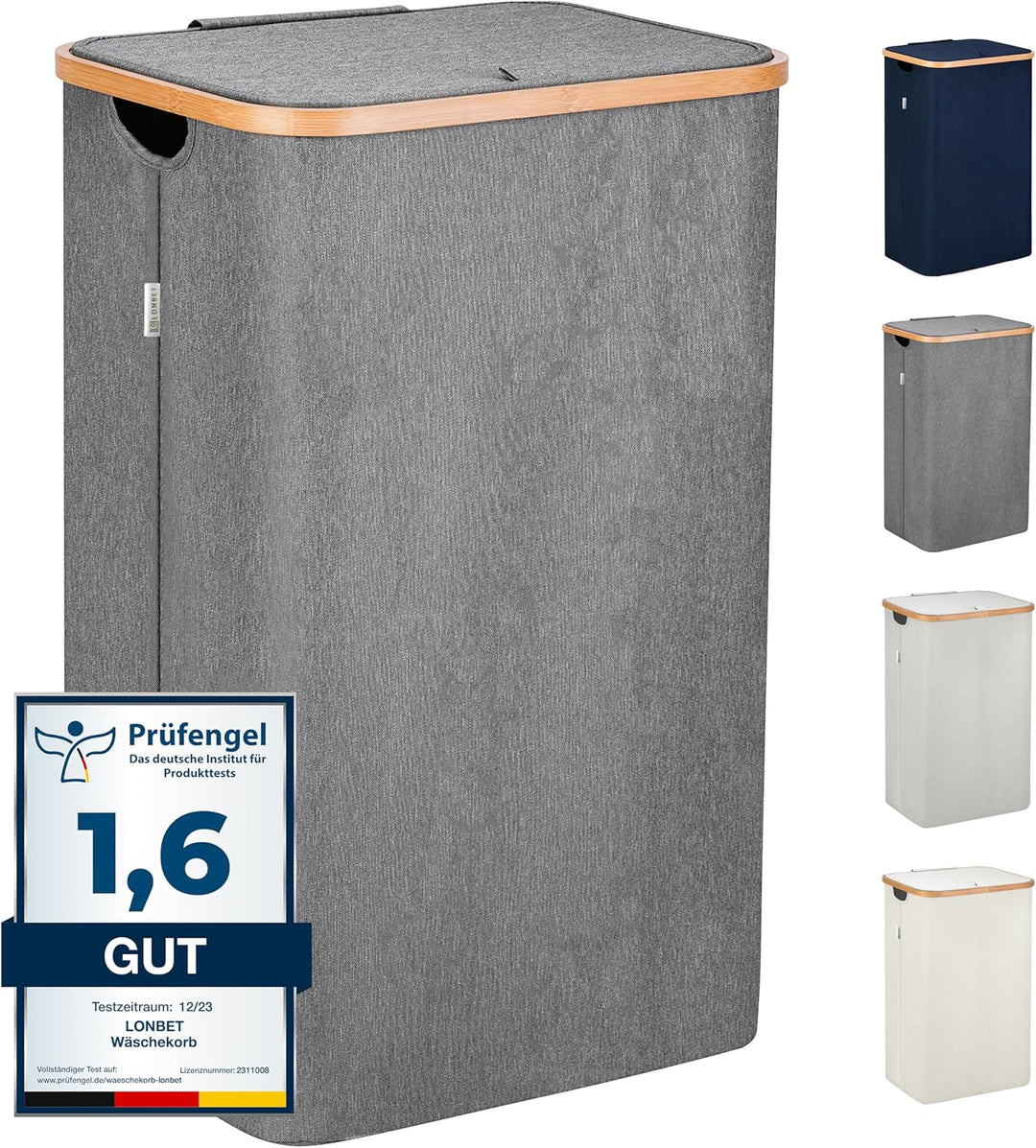 Lonbet - Wäschekorb mit Deckel Gross - XL 100 Liter - Wäschekorb Holz Bambus - Wäschesammler Grau mi