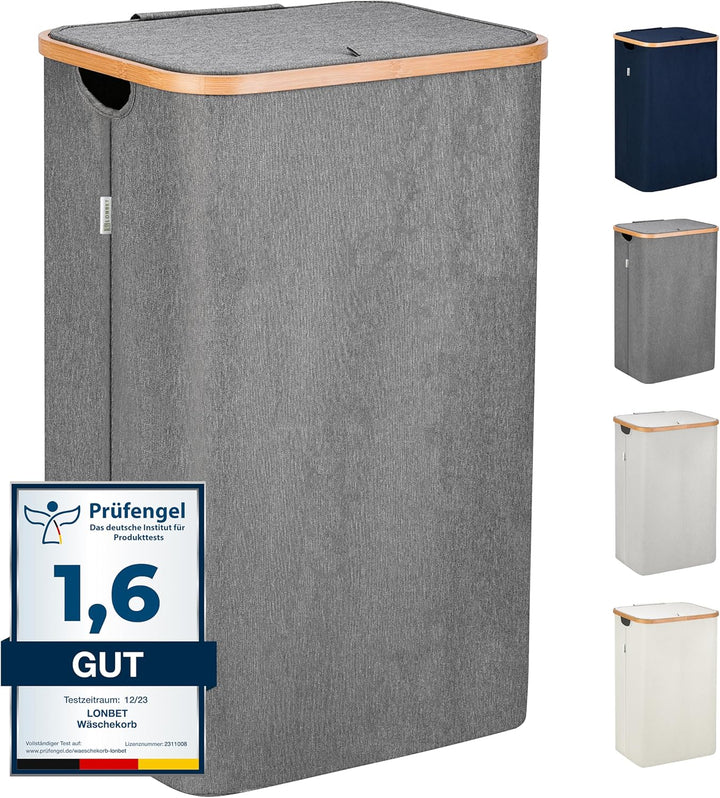 Lonbet - Wäschekorb mit Deckel Gross - XL 100 Liter - Wäschekorb Holz Bambus - Wäschesammler Grau mi