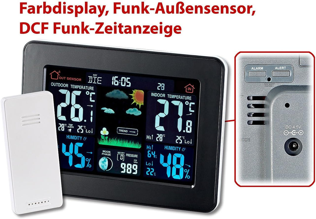 infactory Wetterstation farbig: Wetterstation mit Farb-Display, Funk-Aussensensor, DCF-Funk-Zeitanze