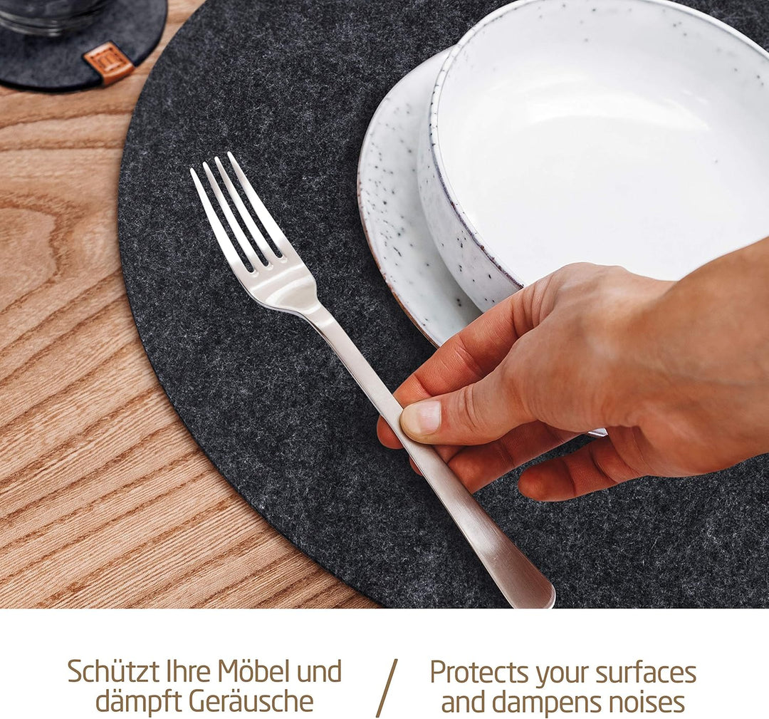 Miqio® Design Runde Tischsets aus Filz abwaschbar | Mit Marken Echtleder Label und Glasuntersetzer |