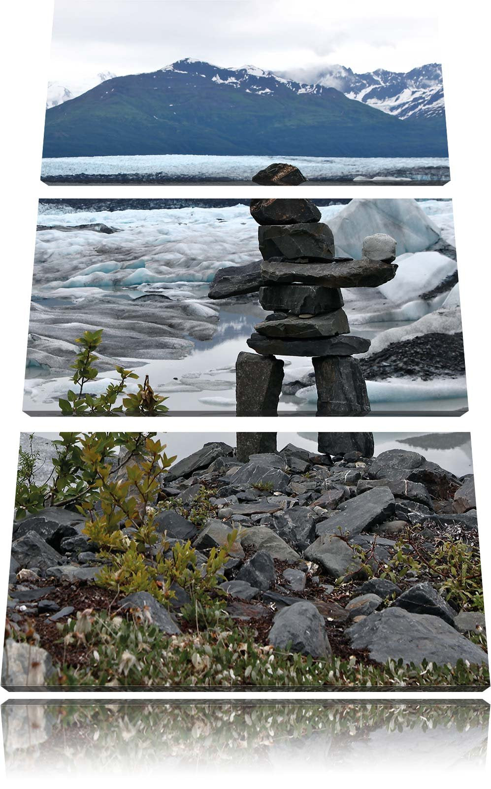 Pixxprint Steinmenschskulptur in winterlicher Landschaft 3-Teiler Leinwandbild 120x80 Bild auf Leinw