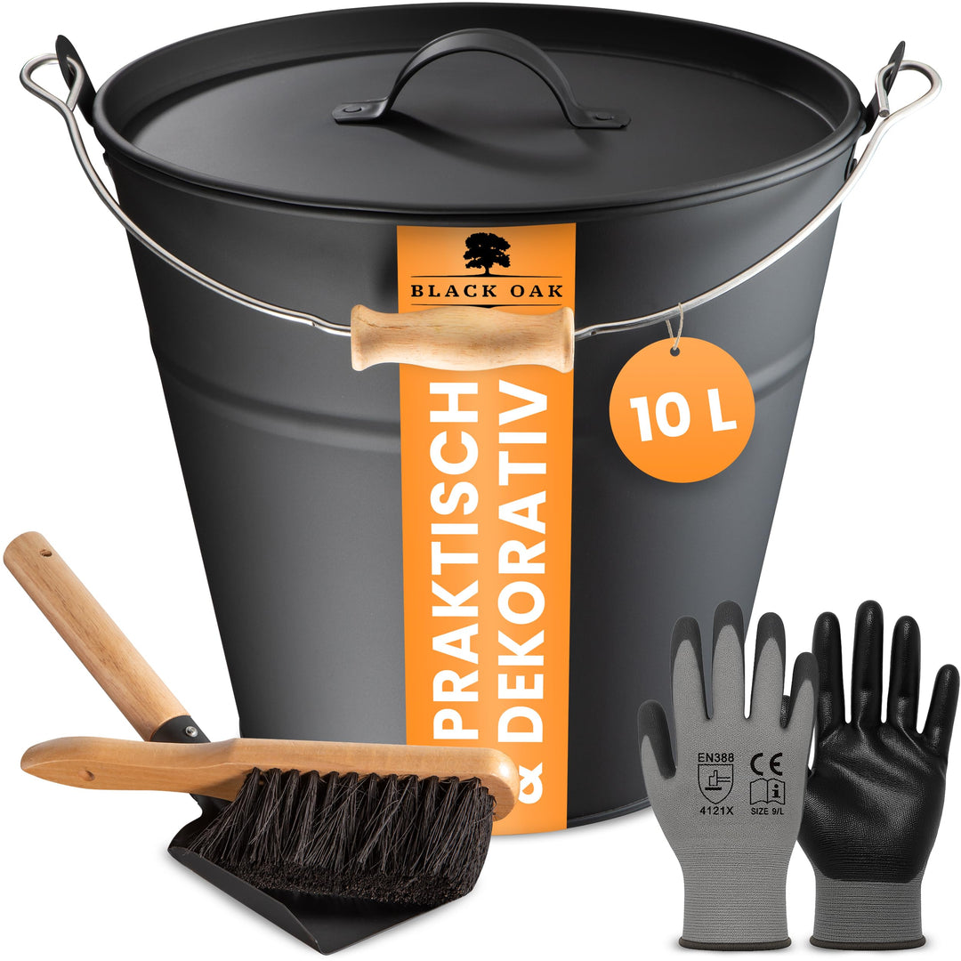 BLACK OAK Ascheeimer FOGO 10L - schwarz mit Deckel mit Metallgriff + Feger + Schaufel & Handschuhen