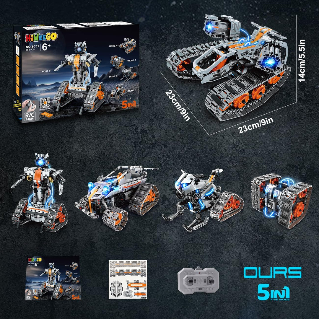 Technik Roboter für Kinder mit LED Licht, 5-in-1 APP und Fernbedienung Bausatz RC Robot/Tracked/Race