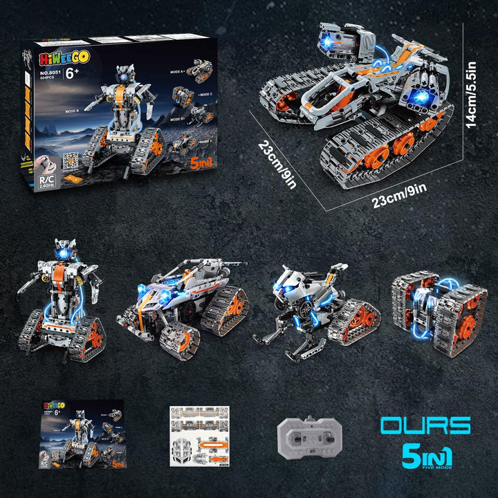 Technik Roboter für Kinder mit LED Licht, 5-in-1 APP und Fernbedienung Bausatz RC Robot/Tracked/Race