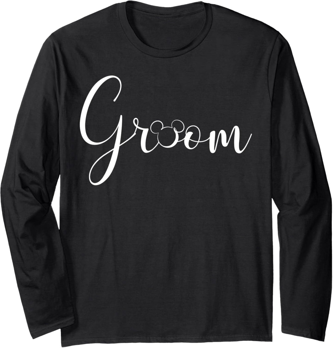 Disney Mickey Mouse Groom Cursive White Text Logo Langarmshirt