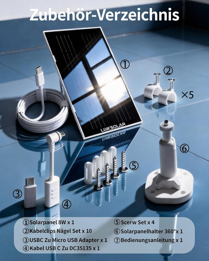 8W Solarpanel für Ring-Sicherheitskamera, Micro-USB, DC &amp; USB-C Schwarz-8w, Schwarz-8w