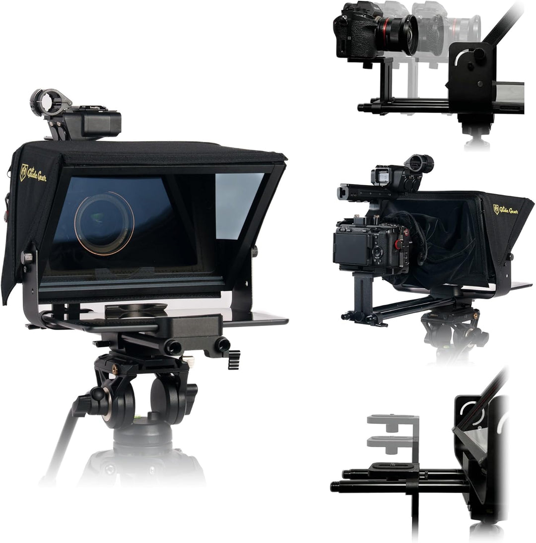 Glide Gear TMP 500 Universal-Videokamera-Stativ, Teleprompter, 15 mm Schienen, mit Tragetasche 15",