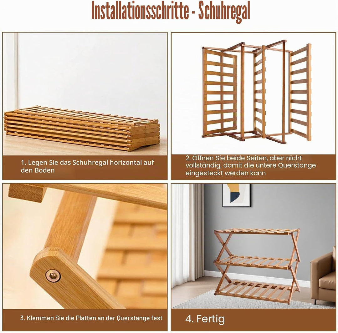 Zusammenklappbares Schuhregal aus Bambus, tragbares Schuhregal aus Holz, ohne Installation, kleines