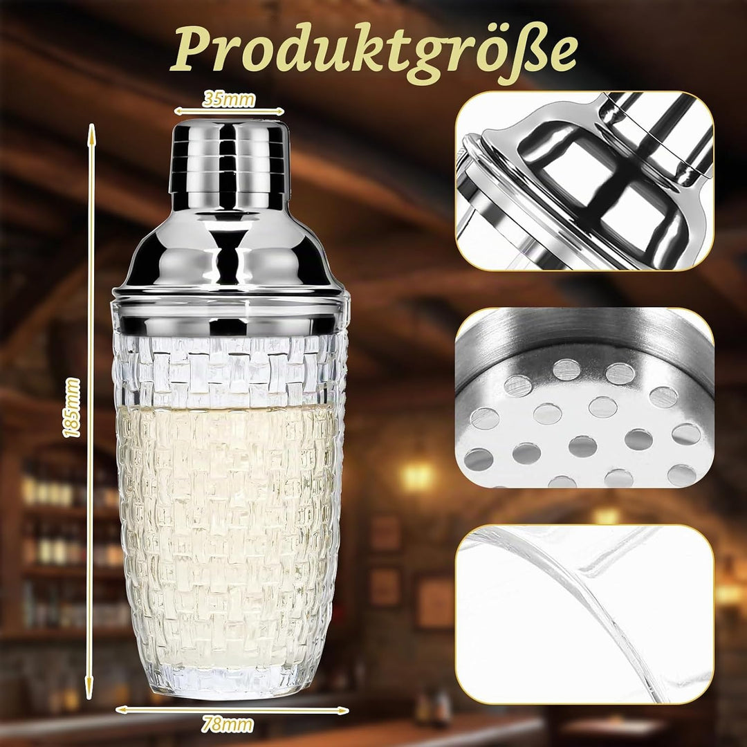 Glas Cocktailshaker400ml,Strickmuster Klarglas Cocktail Shaker Set,Cocktail Shaker Glas Mixer mit Ed