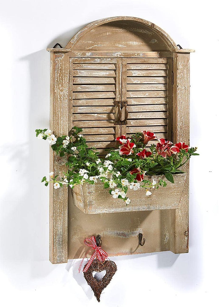 Kobolo Deko-Fensterladen - Holz - braun - Schublade zum Bepflanzen - 44x14x76