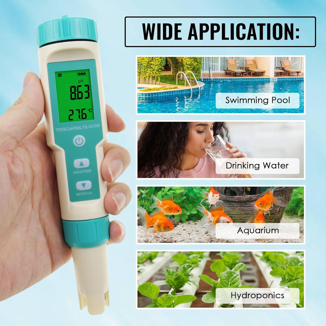 pH-Meter für Wasser: Digitaler 7-in-1-Wassertester mit pH-, TDS-, EC-, ORP-, Salz-, S.G- und Tempera