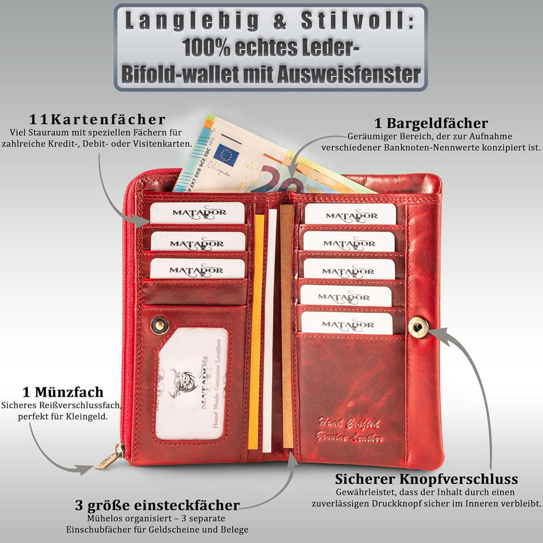MATADOR |Puebla| Leder Portemonnaie Damen Rot Mittelgross mit edler Geschenk Box | Elegante Rote Gel