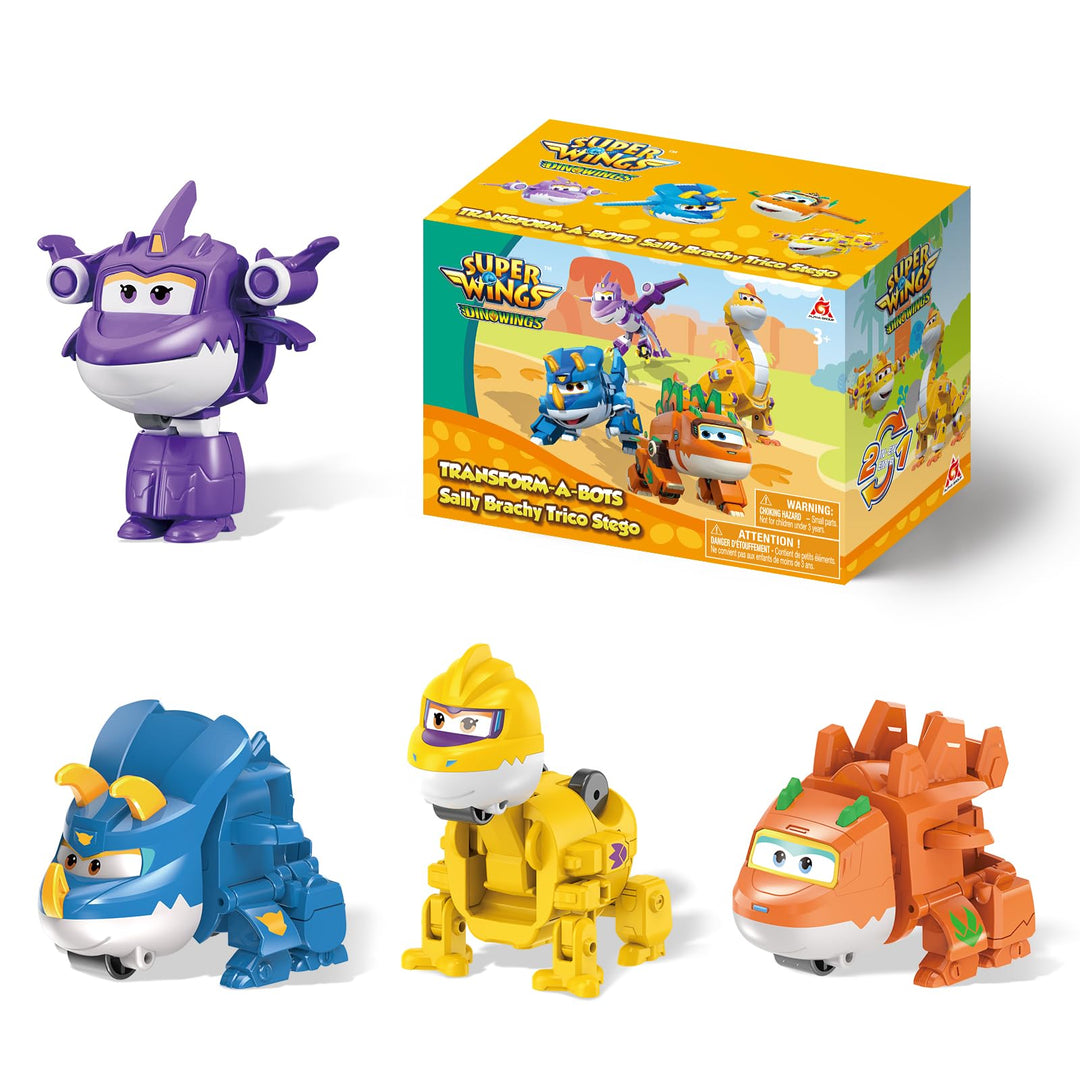 Super Wings Transforming Figuren 4 Pack, 5 cm Sally, Steggo, Trico &amp; Brachy, Roboter zu Flugzeug, Sp