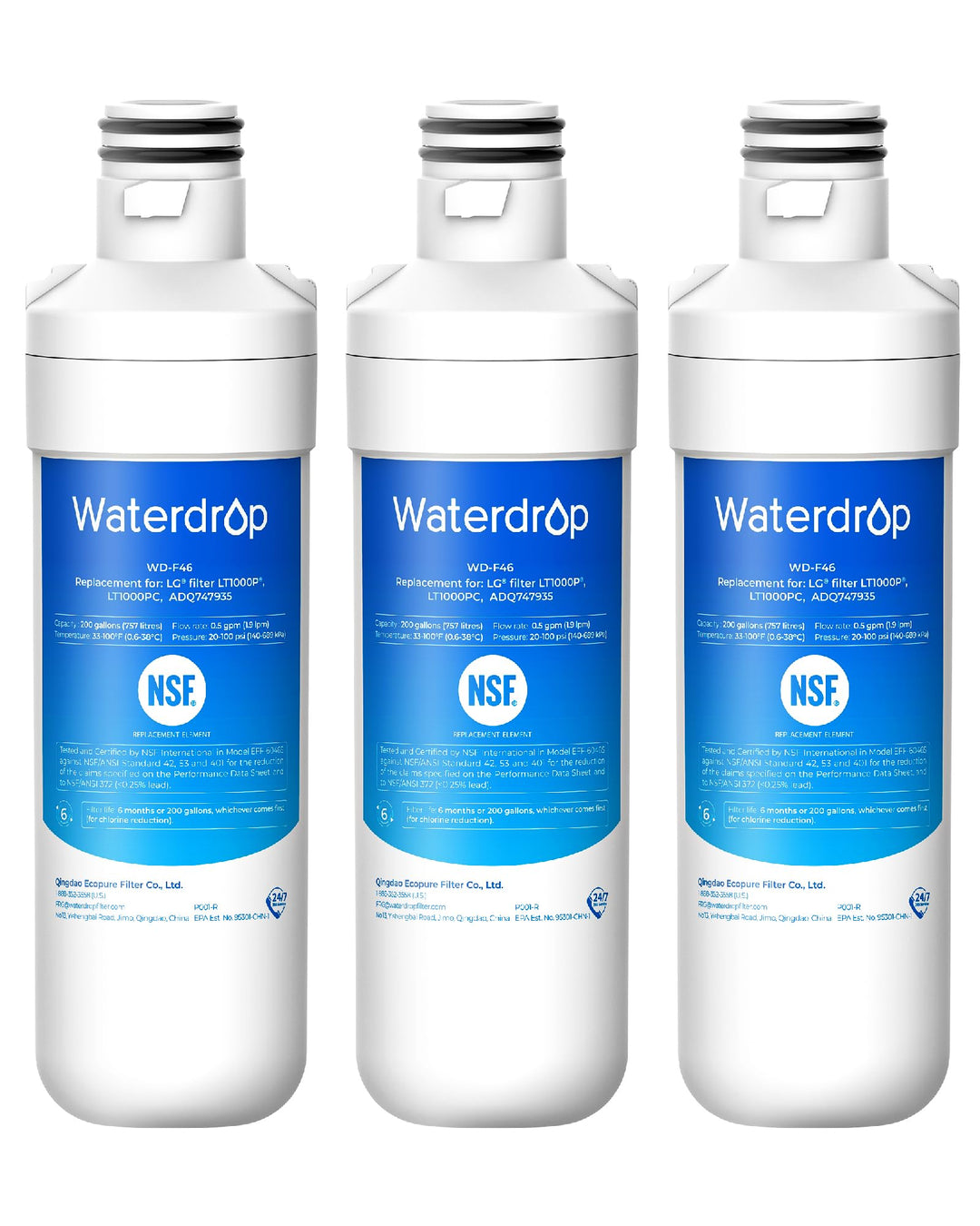 Waterdrop LT1000PC Kühlschrank-Wasserfilter, kompatibel mit LG® LT1000P®, ADQ74793501, ADQ74793502,