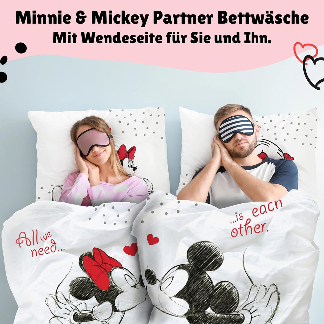 Wende-Bettwäsche Set Disney Classic Mickey und Minnie Mouse in Love 135x200 80x80 cm aus 100% Baumwo