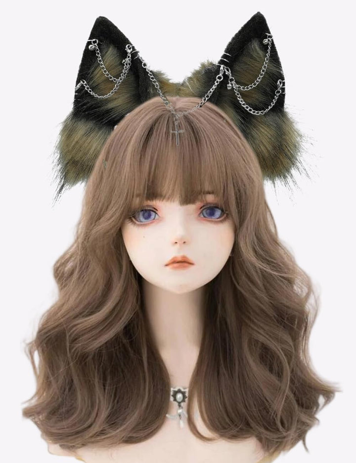 VIGVAN Handgemachte Wolf Fuchs Ohren Cosplay Kopf Zubehör Kawaii Haarband (Kette Braun Schwarz), Ket