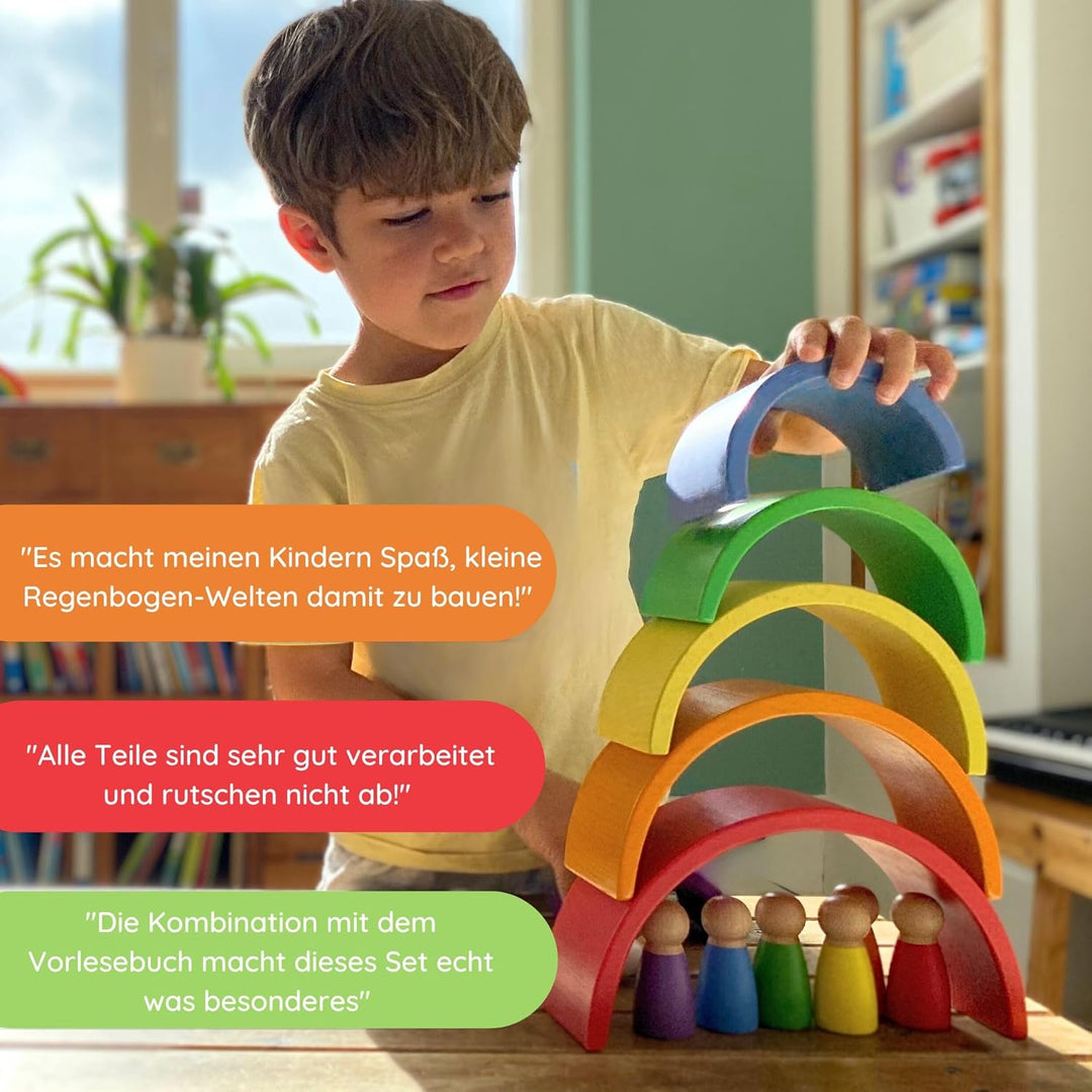 Montessori Holz-Regenbogen aus Buchenholz mit Figuren & Buch – pädagogisch wertvolles Lernspielzeug