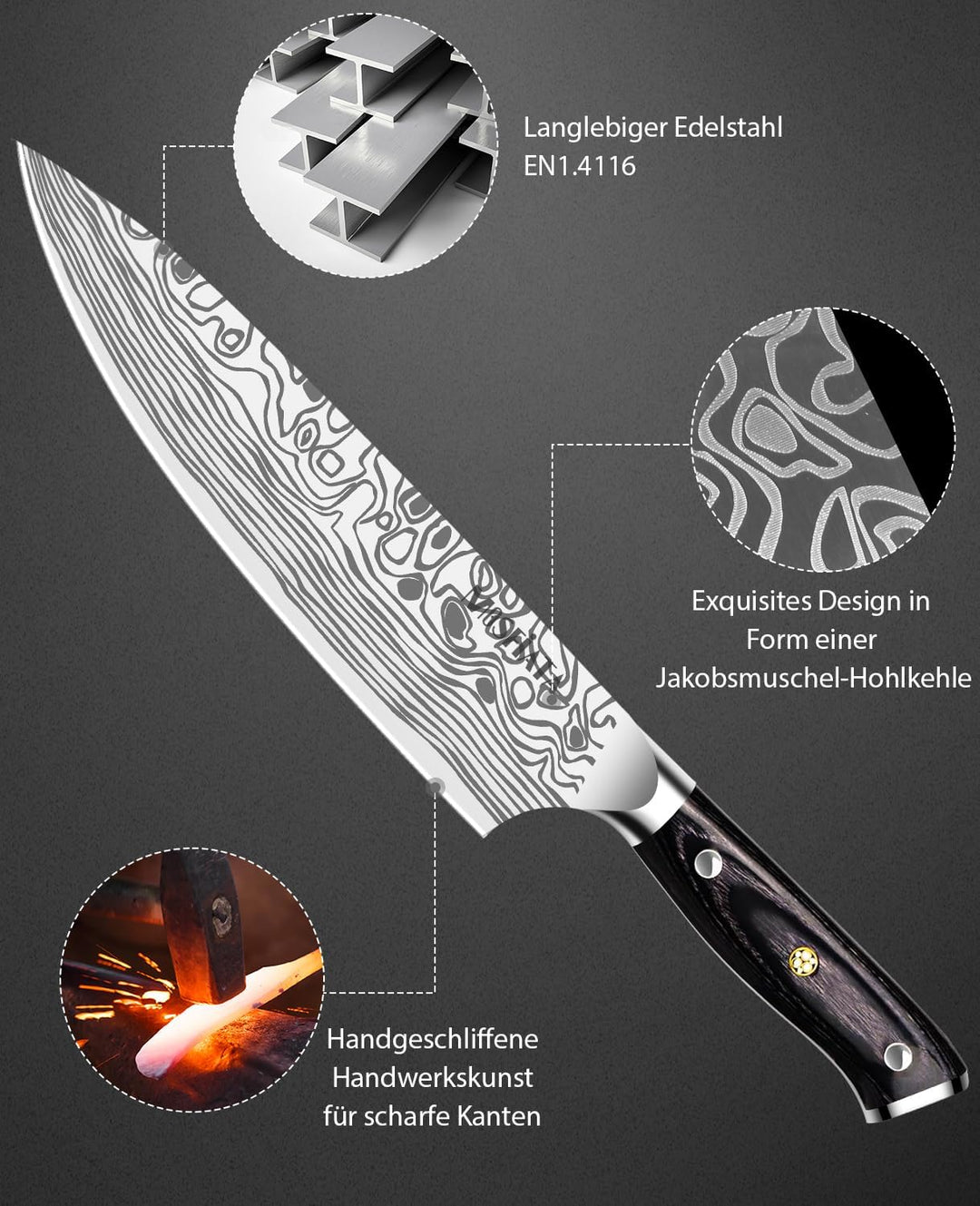 MOSFiATA Kochmesser, Küchenmesser Fleischmesser Profi Chefmesser 20CM Allzweckmesser aus EN.4116 Deu