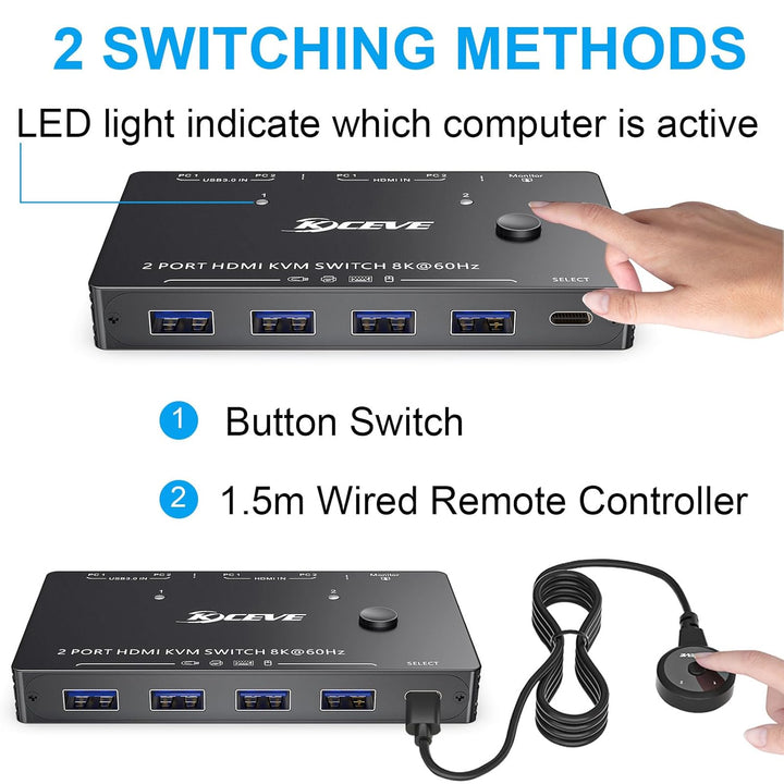 KVM Switch 2 PC 1 Monitor HDMI, USB 3.0 KVM Switch HDMI 2 Port 8K@60Hz 4K 120Hz HDCP 2.3, Teilen Tas