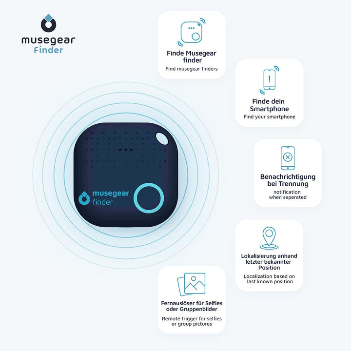 musegear Schlüsselfinder mit Bluetooth App aus Deutschland I Maximaler Datenschutz I dunkelblau 3er