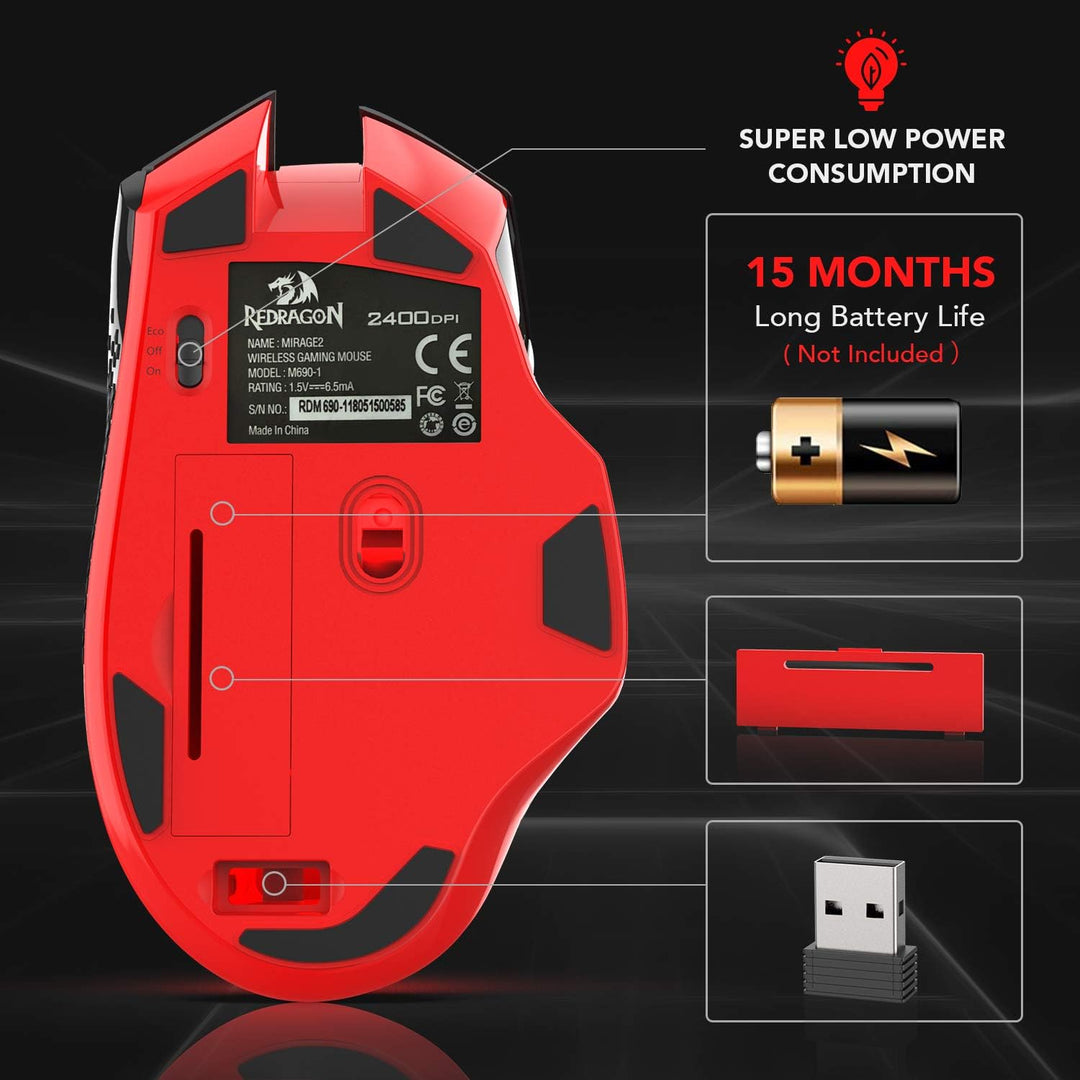 Redragon M690-1 Kabellose Gaming-Maus mit DPI-Schaltung, 2 Seitentasten, 2400 DPI, ergonomisches Des