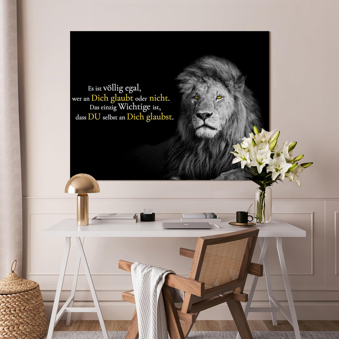 wandmotiv24 Motivations Leinwandbild, Grösse 40x30cm, Querformat, Glaub an Dich, Löwe, Schwarz, Moti