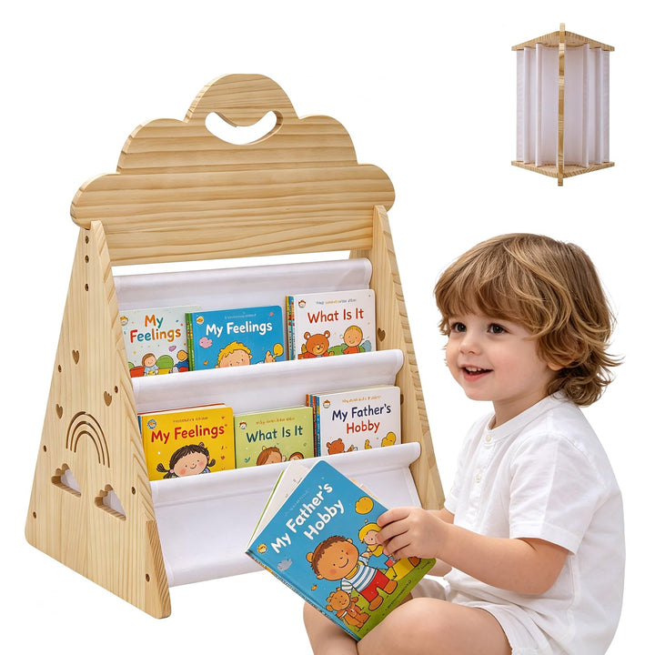 Bücherregal Kinder, Montessori Bücherregal Kinder Tragbar mit Griff, Doppelseitiges Holzregal Tragba