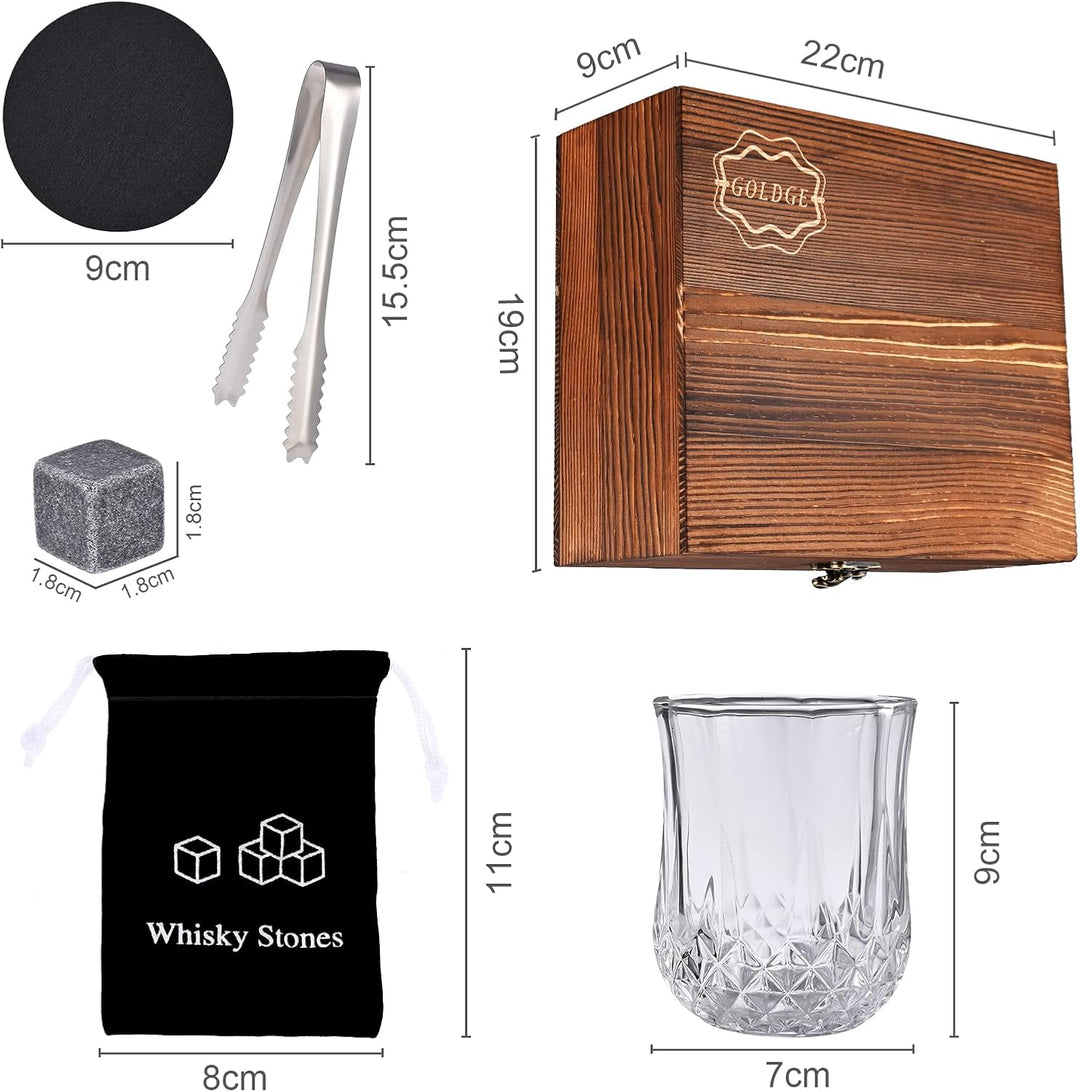 Goldge Whisky-Geschenk-Set, 8 Kühlsteine aus schwarzem Granit, FDA-Vite Kühlung, 2 Whiskygläser &amp; Ba