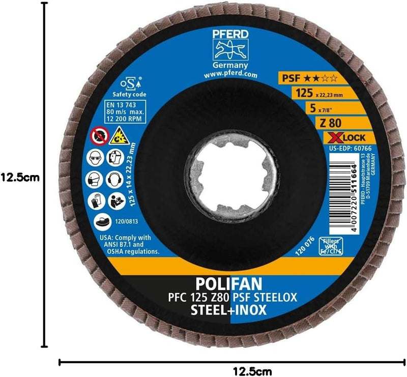 PFERD Fächerscheibe POLIFAN, 10 Stück, 125mm, Z80, X-LOCK (22,23 mm), PSF STEELOX, 67668126 – für ho