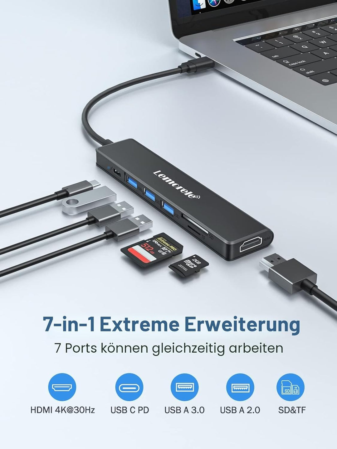 Lemorele USB-C-Hub, 7-in-1-Adapter mit HDMI 4K @ 30Hz, 100 W PD-Aufladung, 1 USB 3.0 5 Gbit/s Datena