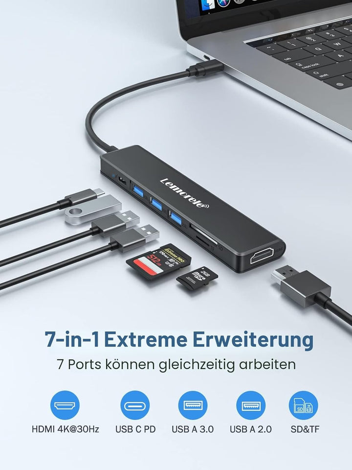 Lemorele USB-C-Hub, 7-in-1-Adapter mit HDMI 4K @ 30Hz, 100 W PD-Aufladung, 1 USB 3.0 5 Gbit/s Datena