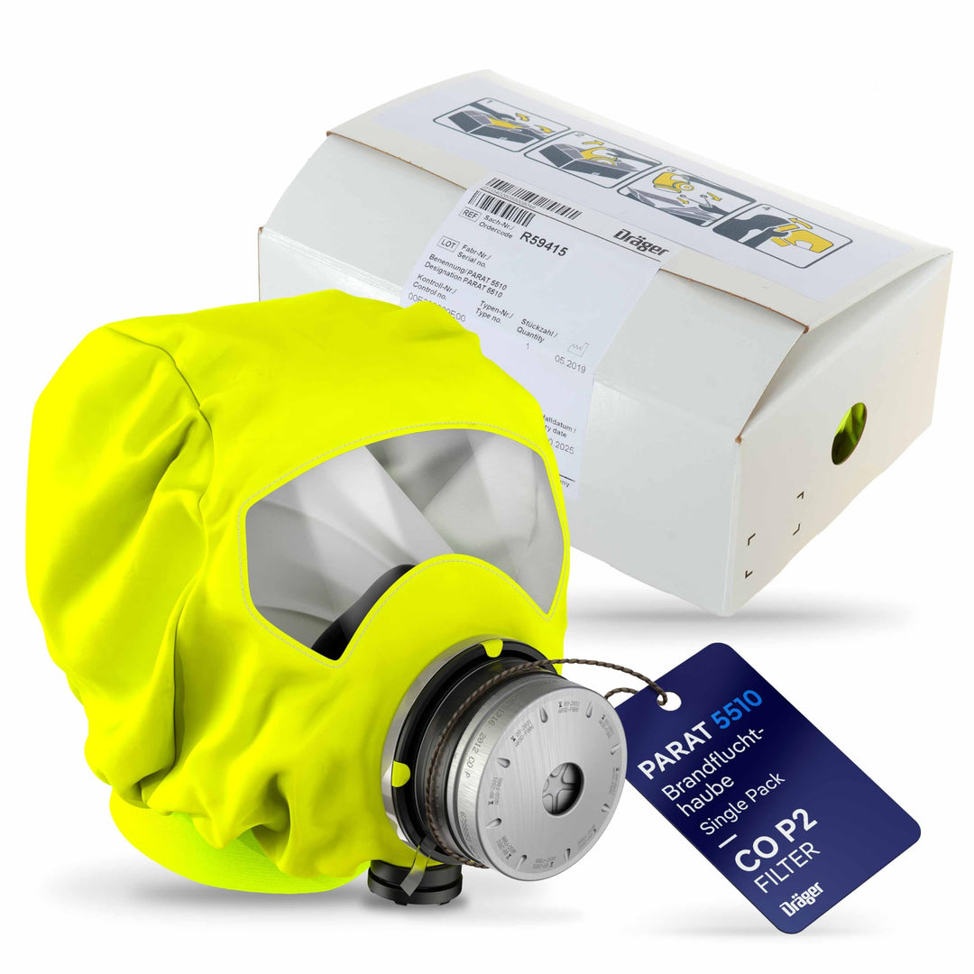 Dräger PARAT 5500 Brand-Fluchthaube | Effektive Rettungshaube mit CO P2 Filter PARAT 5510 Single Pac